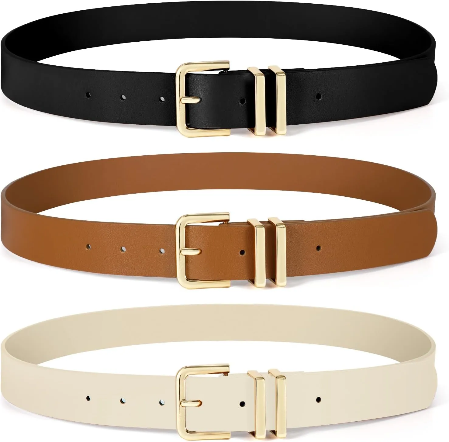 SUOSDEY 2 Pack 3 Pack Womens Fashion Leather Belts for Jeans Dresses Pants Black Brown Beige Ladies Belts with Gold Buckle