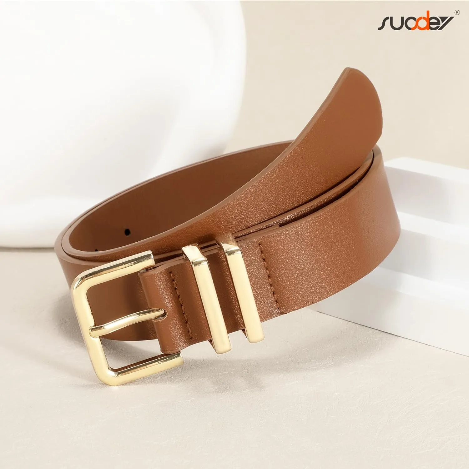 SUOSDEY 2 Pack 3 Pack Womens Fashion Leather Belts for Jeans Dresses Pants Black Brown Beige Ladies Belts with Gold Buckle