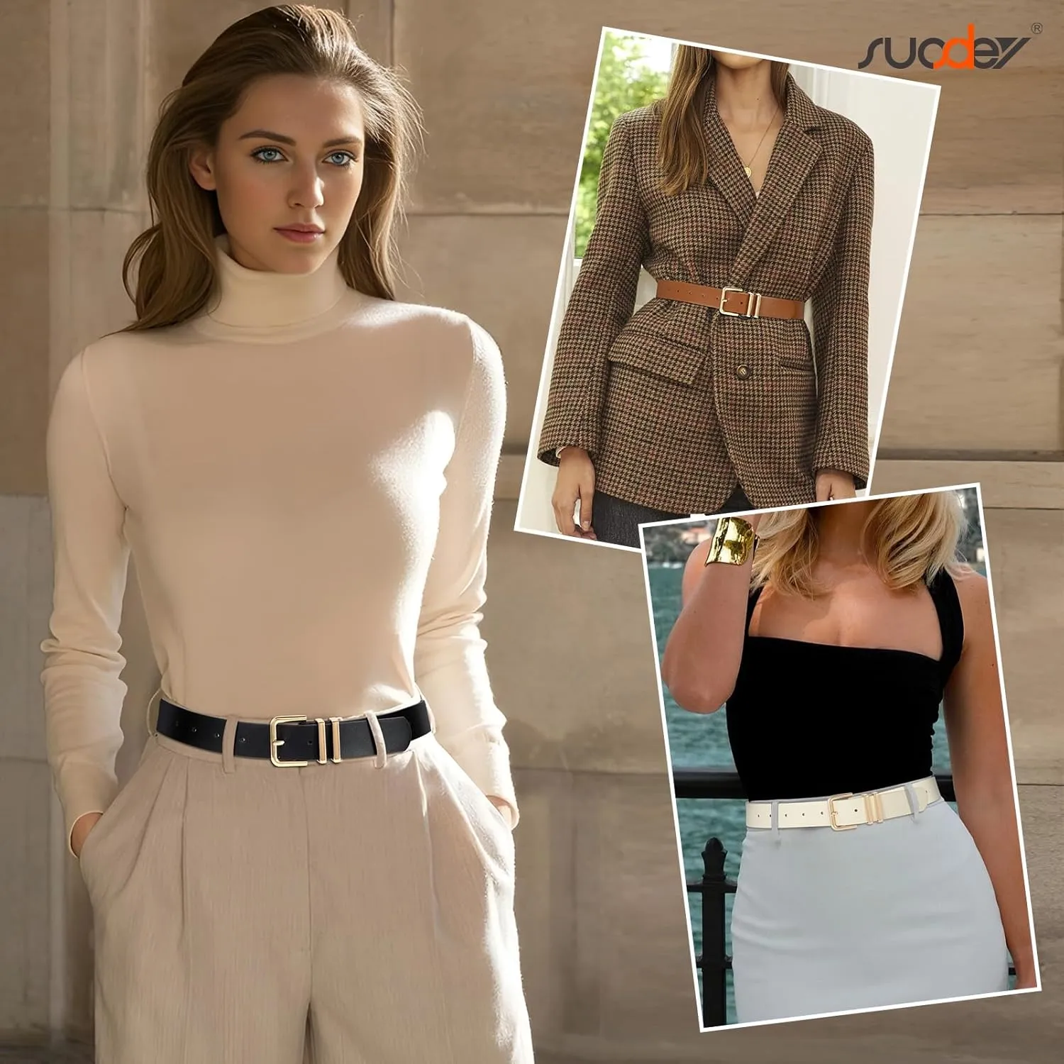 SUOSDEY 2 Pack 3 Pack Womens Fashion Leather Belts for Jeans Dresses Pants Black Brown Beige Ladies Belts with Gold Buckle