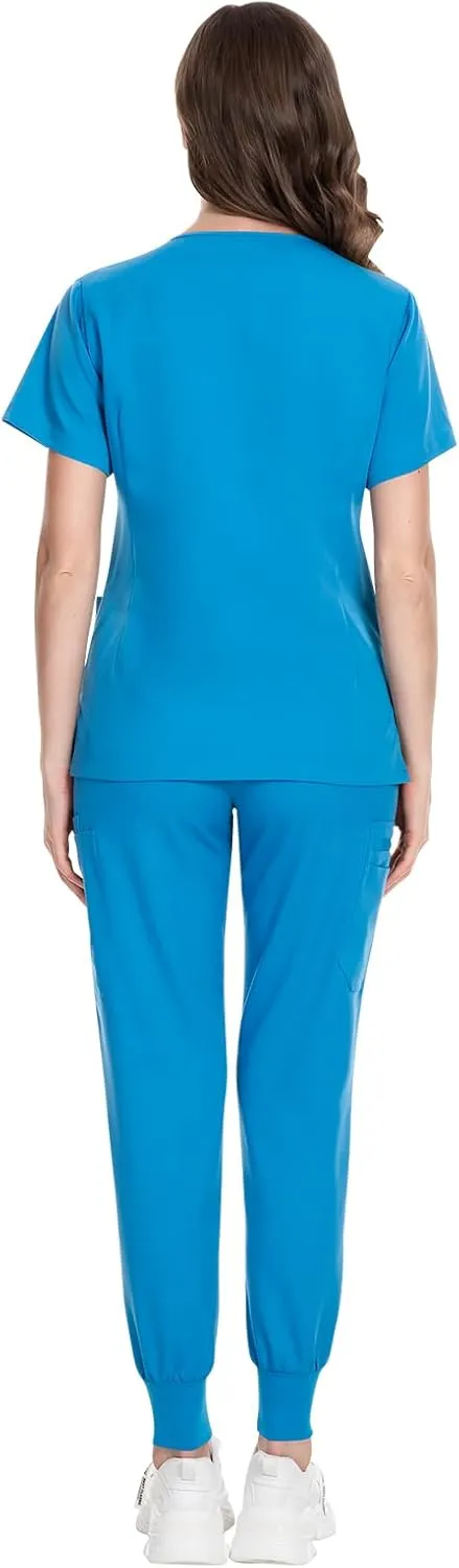 VIAOLI Scrubs for Women Set Modern V-Neck Top & 8 Pocket Jogger Pants Athletic Nursing Uniform Solid Stretch Workwear