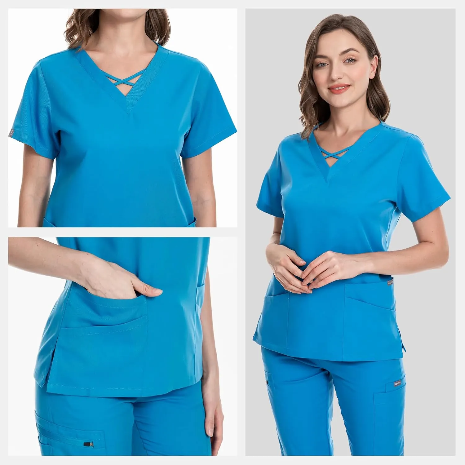 VIAOLI Scrubs for Women Set Modern V-Neck Top & 8 Pocket Jogger Pants Athletic Nursing Uniform Solid Stretch Workwear
