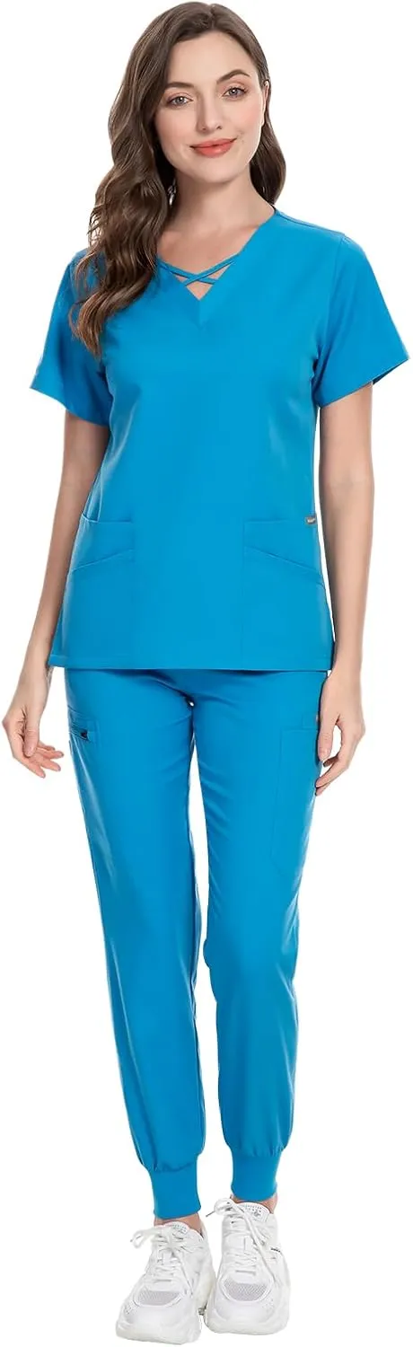 VIAOLI Scrubs for Women Set Modern V-Neck Top & 8 Pocket Jogger Pants Athletic Nursing Uniform Solid Stretch Workwear