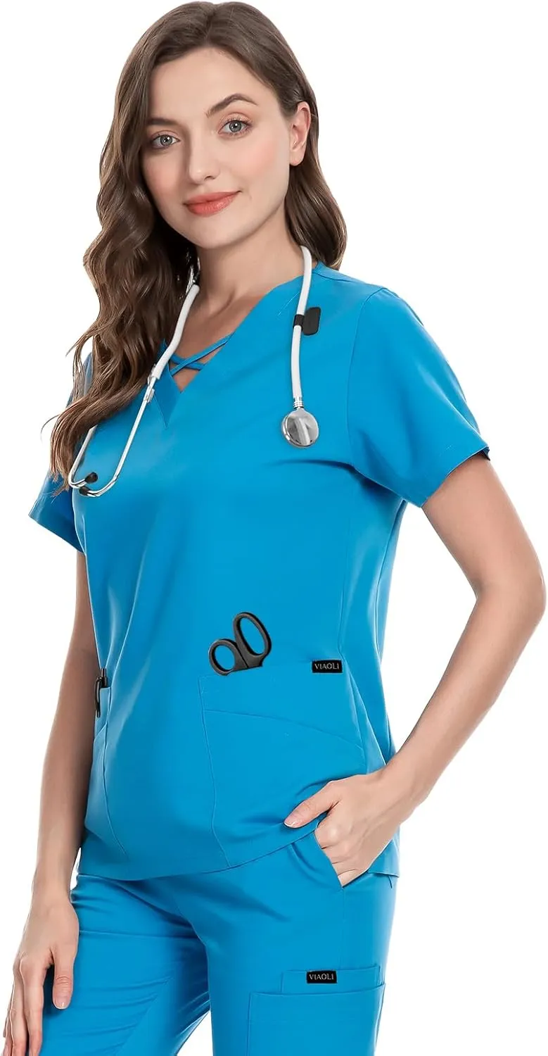 VIAOLI Scrubs for Women Set Modern V-Neck Top & 8 Pocket Jogger Pants Athletic Nursing Uniform Solid Stretch Workwear