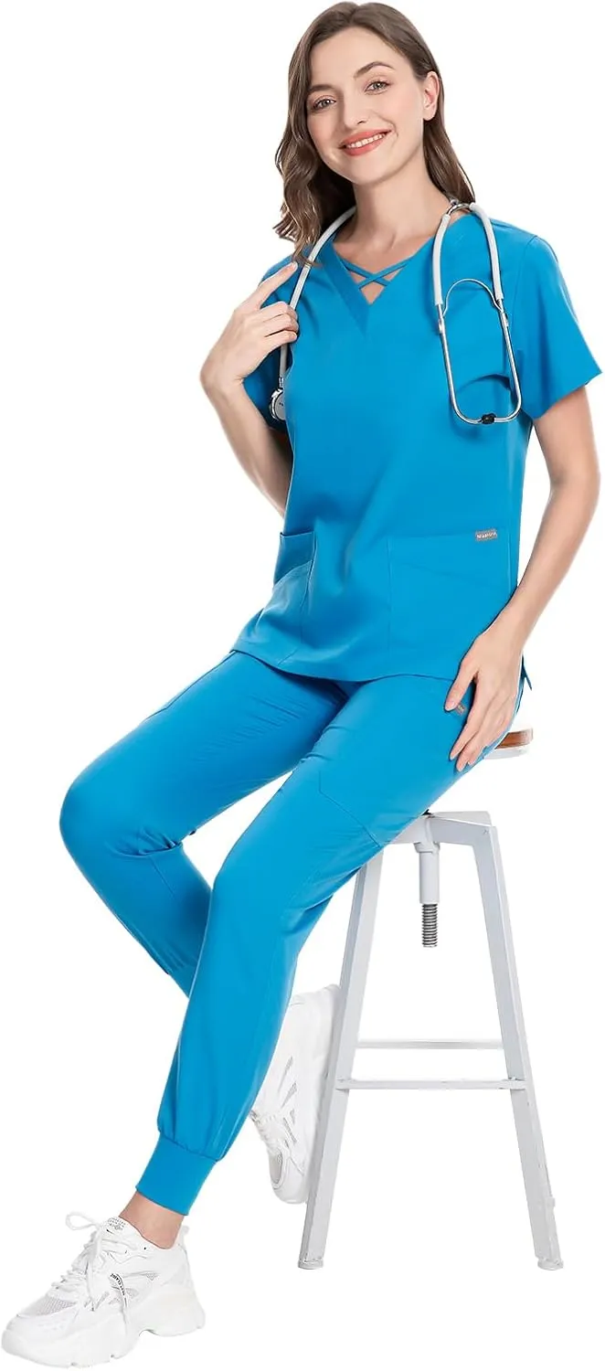 VIAOLI Scrubs for Women Set Modern V-Neck Top & 8 Pocket Jogger Pants Athletic Nursing Uniform Solid Stretch Workwear