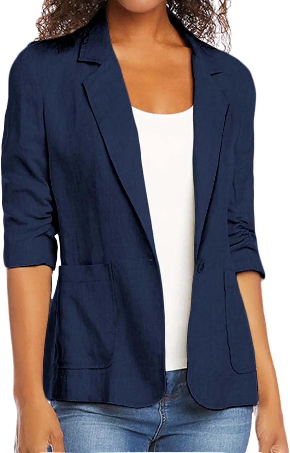 Women's 3/4 Sleeve Blazers 2024 Trendy Cotton Linen Button Cardigan Jacket Casual Business Work Suit Coat with Pockets