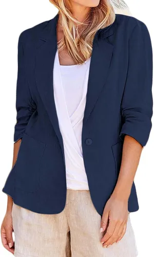 Women's 3/4 Sleeve Blazers 2024 Trendy Cotton Linen Button Cardigan Jacket Casual Business Work Suit Coat with Pockets