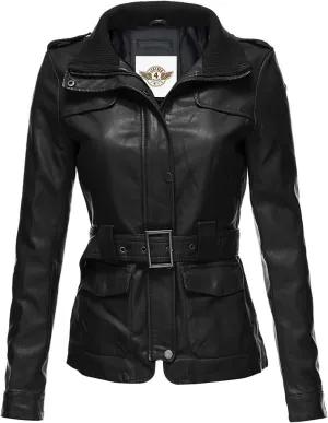 Women's Belted Leather Jacket, Military Style, Black, Knit Collar