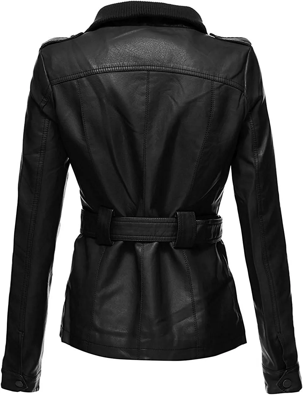 Women's Belted Leather Jacket, Military Style, Black, Knit Collar