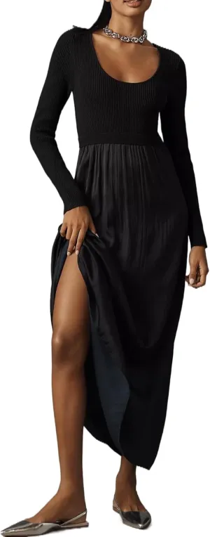 Women's Black Maxi Dress - Long Sleeve, Scoop Neck, High Waist, Elegant Modern - XS-XXL