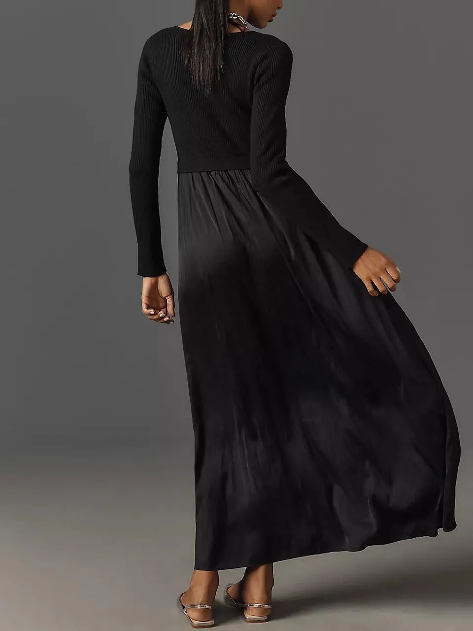 Women's Black Maxi Dress - Long Sleeve, Scoop Neck, High Waist, Elegant Modern - XS-XXL