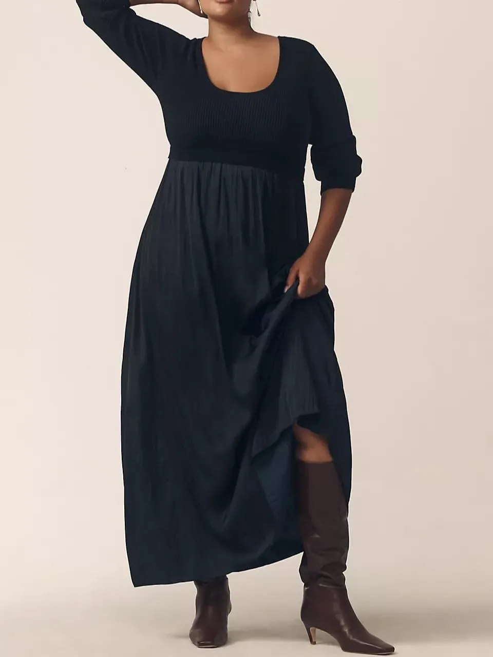 Women's Black Maxi Dress - Long Sleeve, Scoop Neck, High Waist, Elegant Modern - XS-XXL