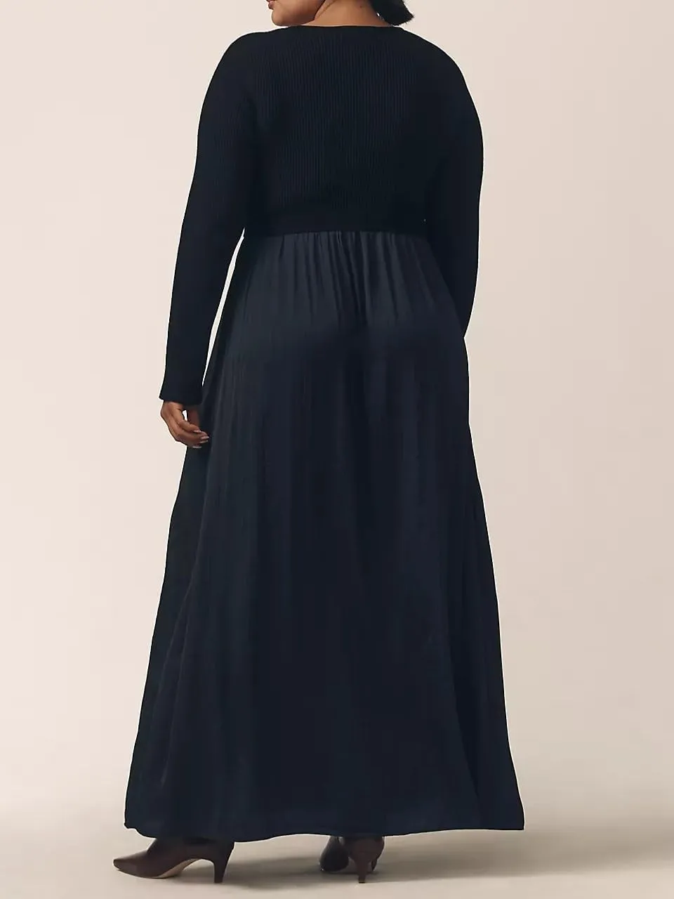 Women's Black Maxi Dress - Long Sleeve, Scoop Neck, High Waist, Elegant Modern - XS-XXL
