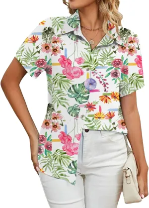Womens Button Down Shirts Short Sleeve Summer Linen V Neck Collared Hawaiian Floral Print Cat Casual Blouse Tops