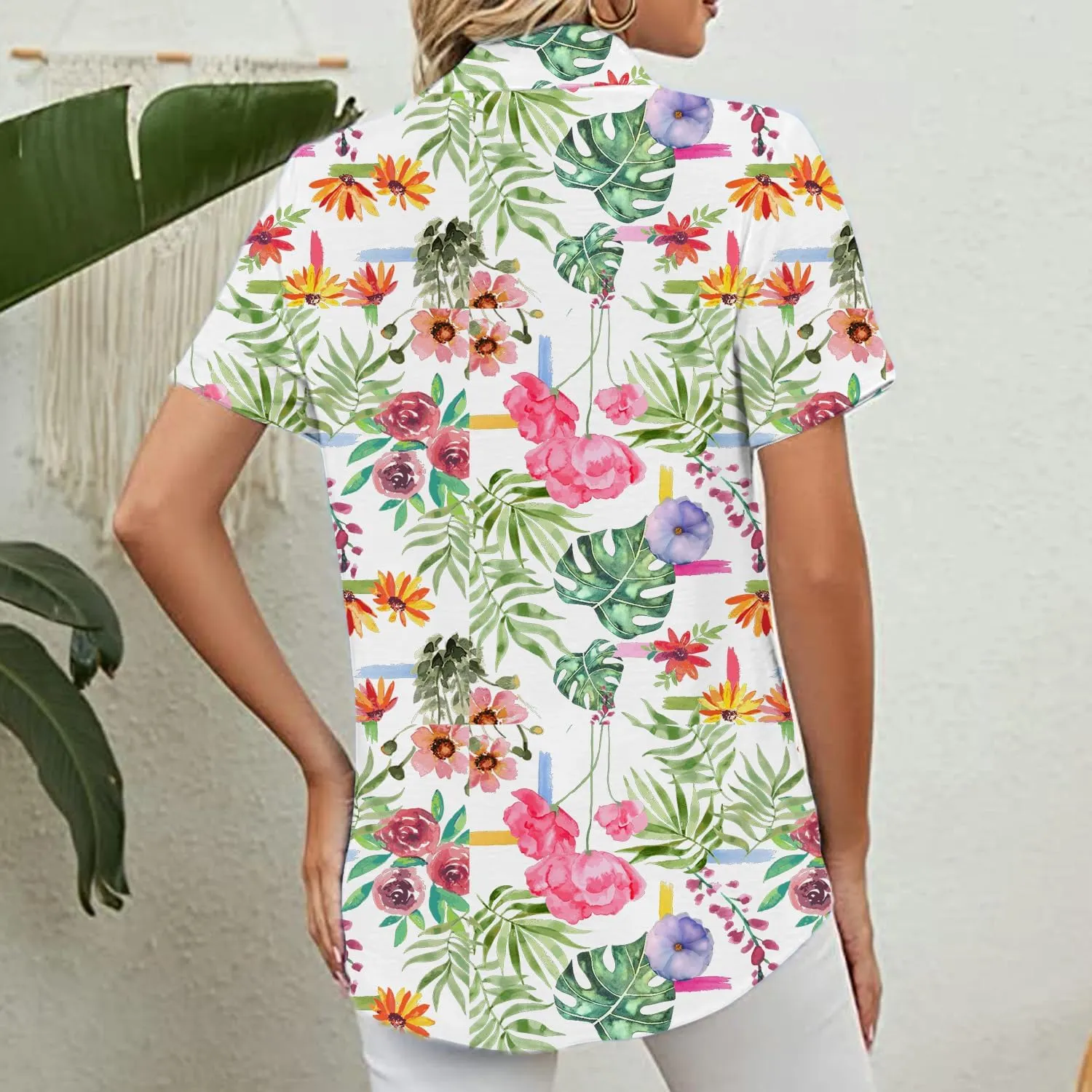Womens Button Down Shirts Short Sleeve Summer Linen V Neck Collared Hawaiian Floral Print Cat Casual Blouse Tops