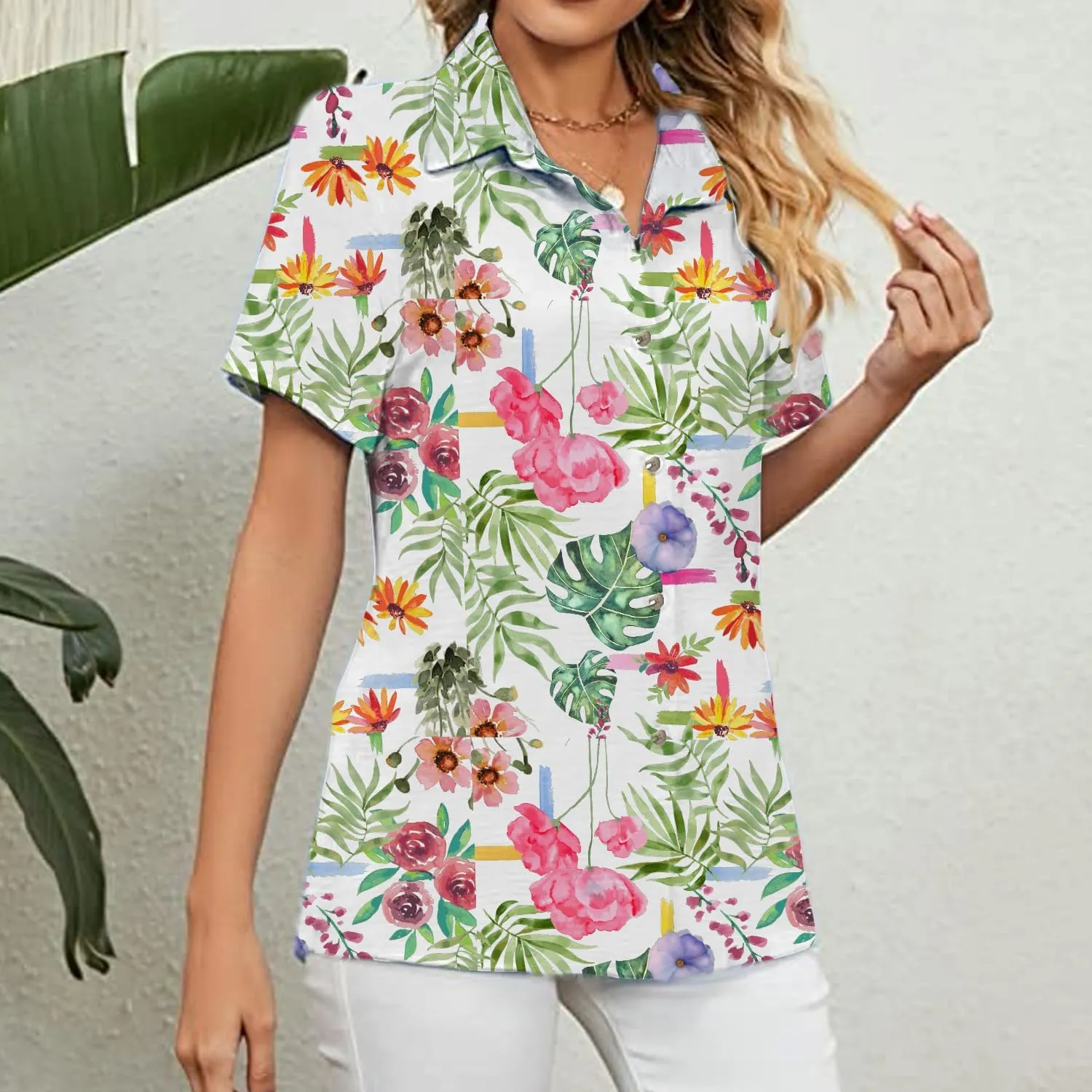 Womens Button Down Shirts Short Sleeve Summer Linen V Neck Collared Hawaiian Floral Print Cat Casual Blouse Tops