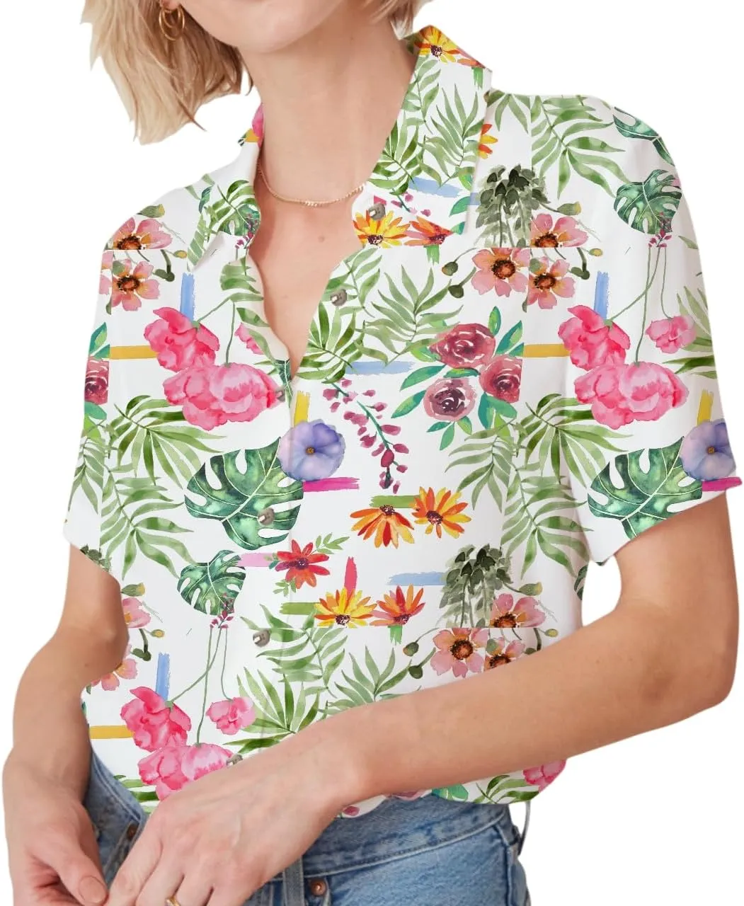 Womens Button Down Shirts Short Sleeve Summer Linen V Neck Collared Hawaiian Floral Print Cat Casual Blouse Tops