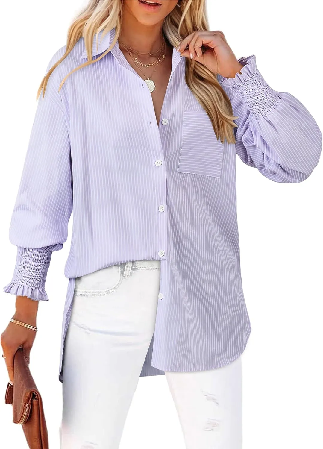 Womens Button Down Shirts Smocked Long Puff Sleeve Oversized Boyfriend Blouses