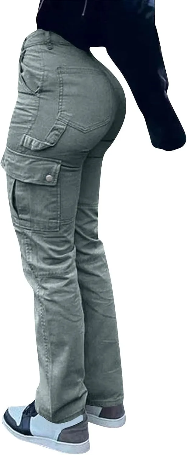 Women's Fashion Solid Color Hip High Waist Multi-Pocket Workwear Dressy Casual Jeans