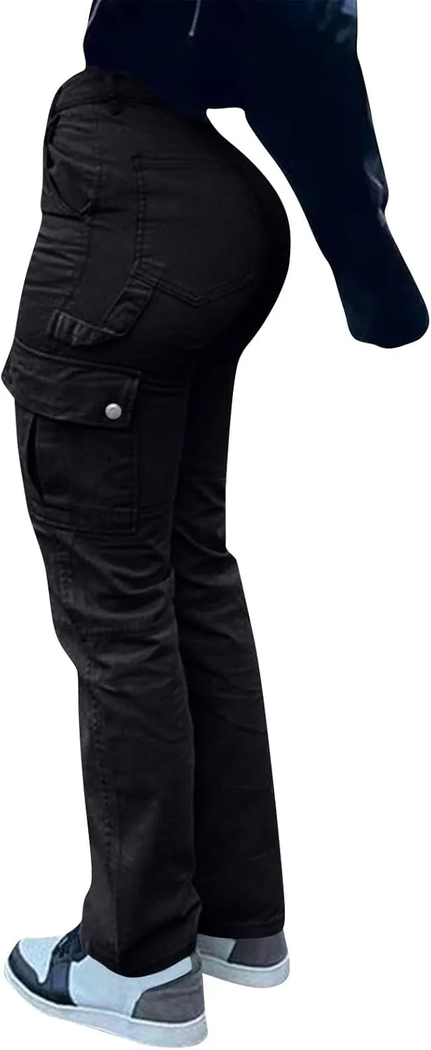Women's Fashion Solid Color Hip High Waist Multi-Pocket Workwear Dressy Casual Jeans