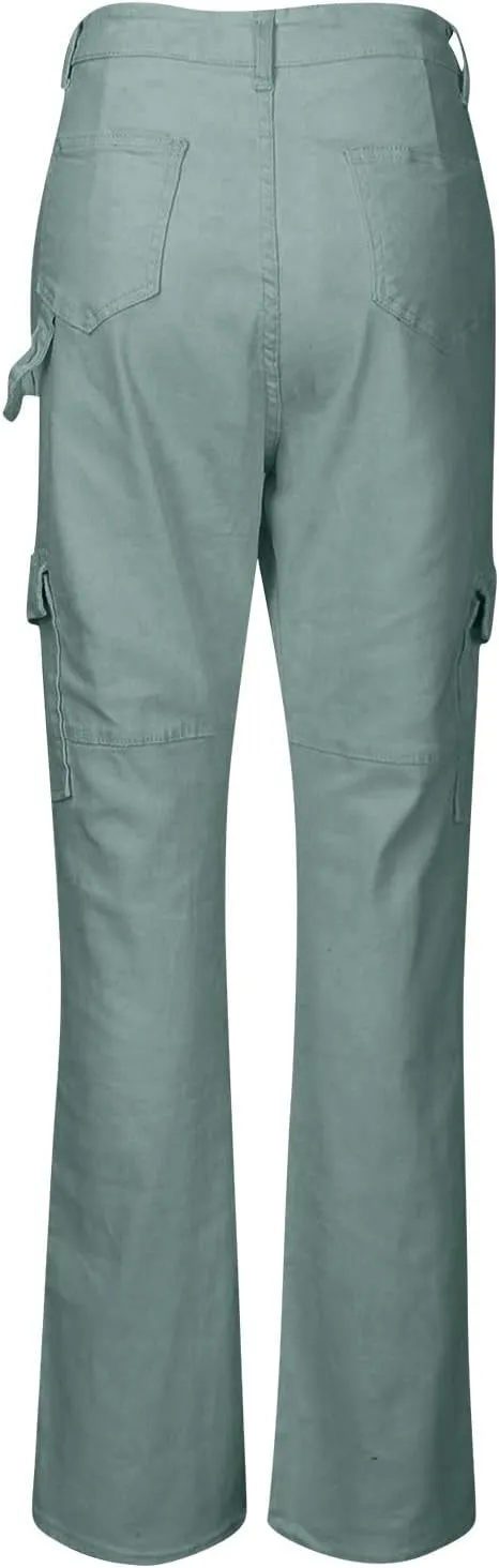Women's Fashion Solid Color Hip High Waist Multi-Pocket Workwear Dressy Casual Jeans