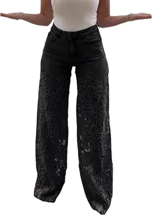 Women's Lace Patchwork Hollow Jeans, Casual Vintage Baggy Straight Wide Leg Denim Pants, Flower Lace Jeans