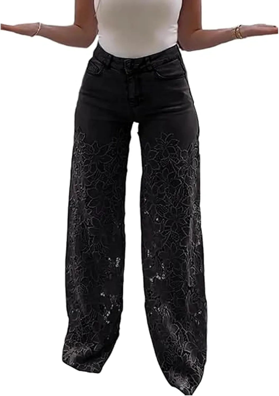 Women's Lace Patchwork Hollow Jeans, Casual Vintage Baggy Straight Wide Leg Denim Pants, Flower Lace Jeans