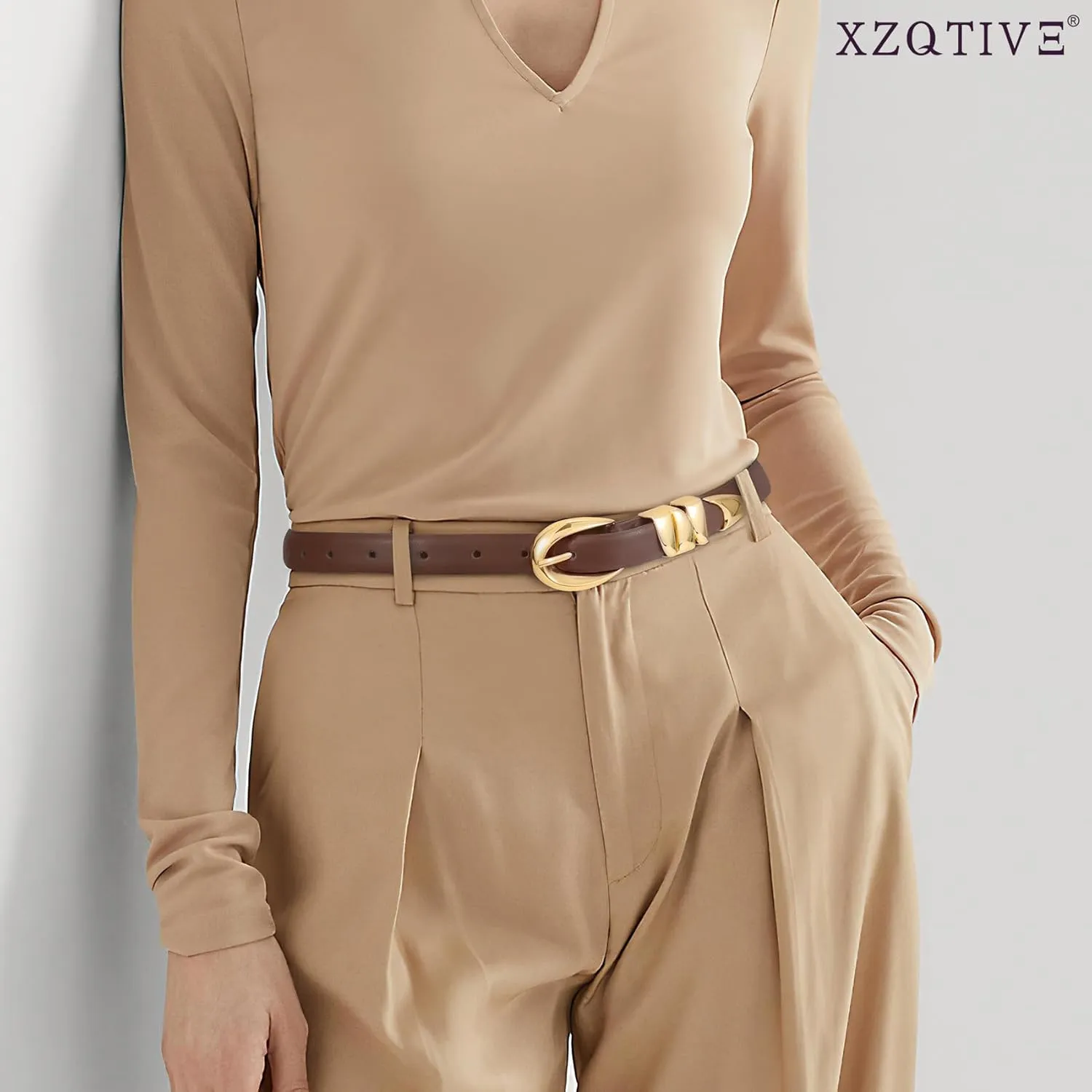 XZQTIVE Women's Skinny Leather Belts Ladies Thin Waist Belts for Jeans Dress Pants Trendy Black Belt with Gold Buckle