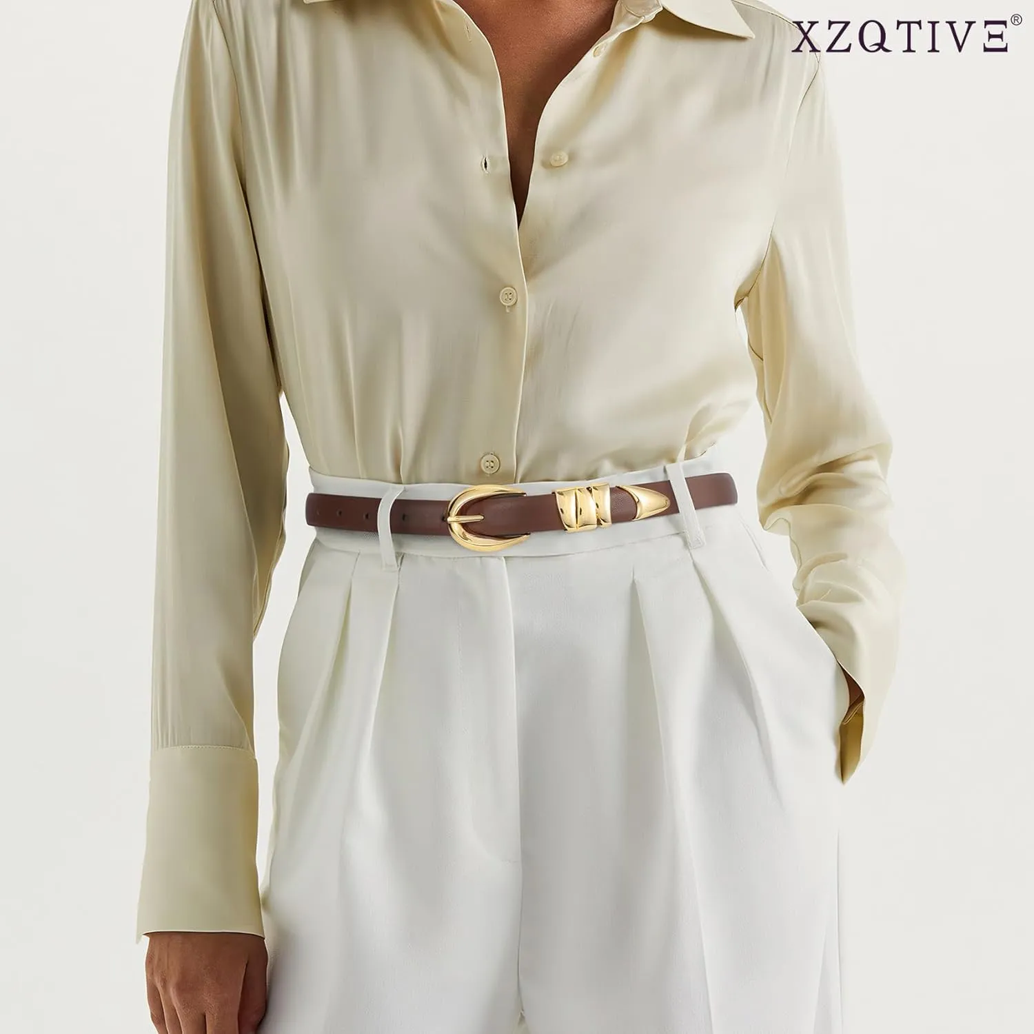 XZQTIVE Women's Skinny Leather Belts Ladies Thin Waist Belts for Jeans Dress Pants Trendy Black Belt with Gold Buckle