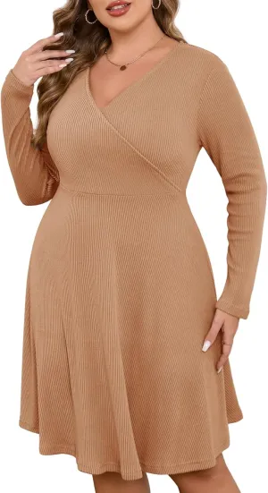 ZOMVA Plus Size Sweater Dress V Neck A-line Knee Length Dress Fall Winter Casual Ribbed Knit Long Sleeves