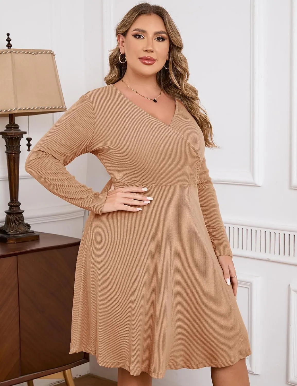 ZOMVA Plus Size Sweater Dress V Neck A-line Knee Length Dress Fall Winter Casual Ribbed Knit Long Sleeves
