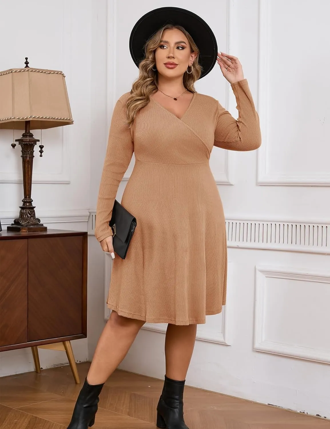 ZOMVA Plus Size Sweater Dress V Neck A-line Knee Length Dress Fall Winter Casual Ribbed Knit Long Sleeves