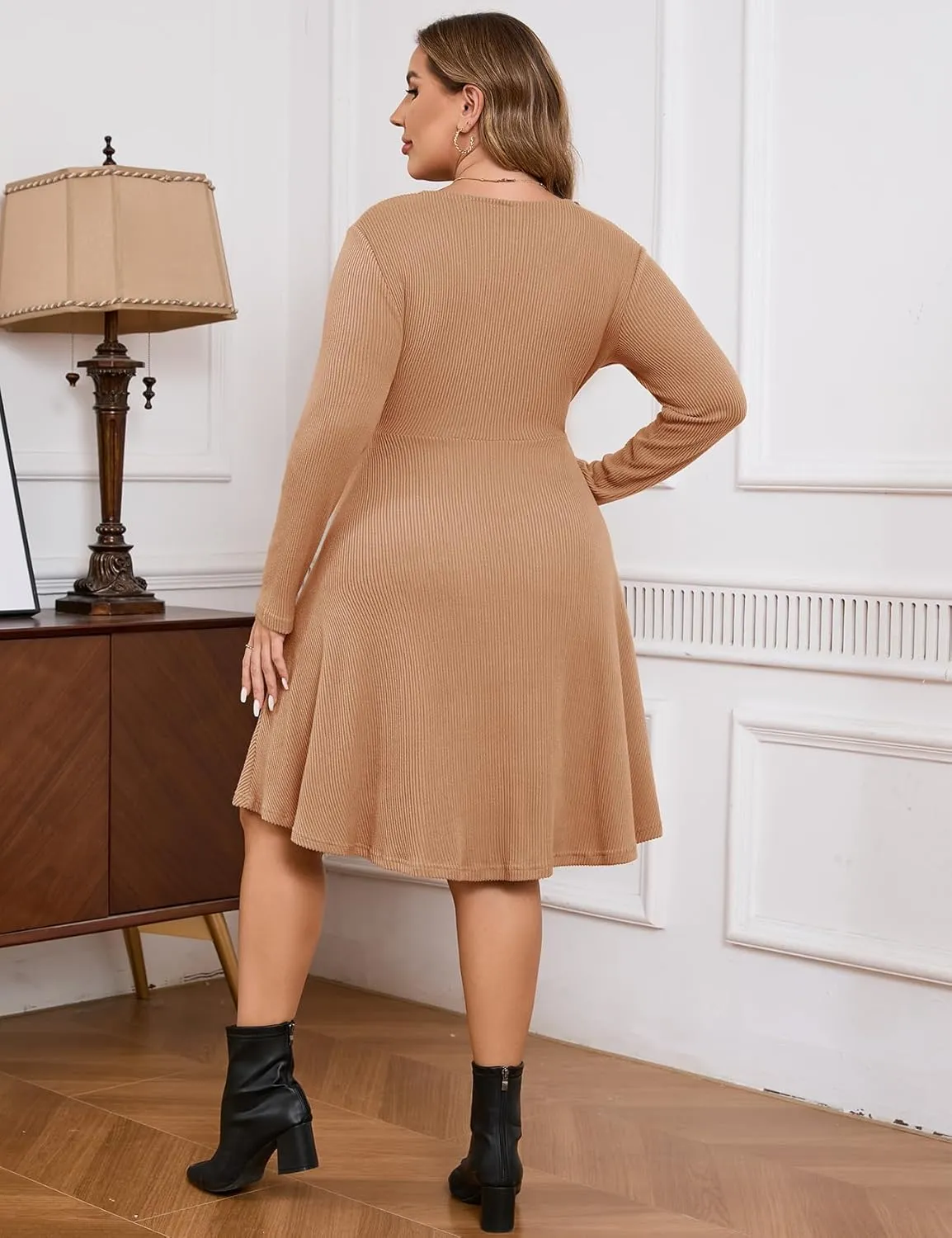 ZOMVA Plus Size Sweater Dress V Neck A-line Knee Length Dress Fall Winter Casual Ribbed Knit Long Sleeves